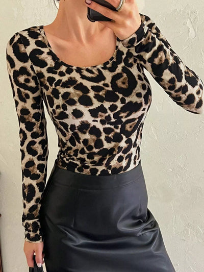 Leopard Print Top - Square Neck Long Sleeve - Fashions Envy