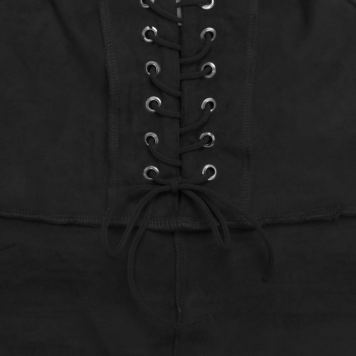 Black lace-up halter panel with tied drawstring at center