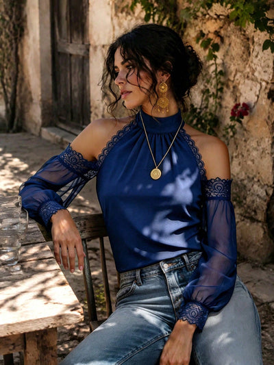 Lace-Trim Cold-Shoulder Blouse - Sheer Balloon Sleeves