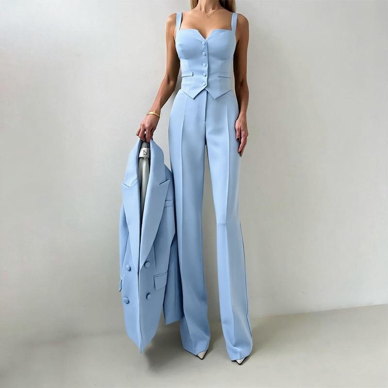 Three-piece suit set in light blue: button-front vest with wide-leg pants