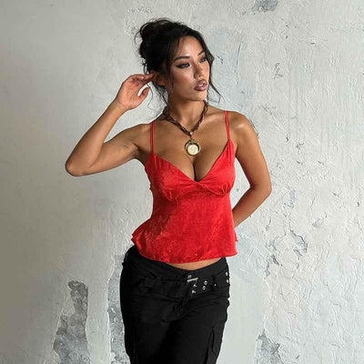 Satin Jacquard Slip Cami Top - V-Neck Loose Fit