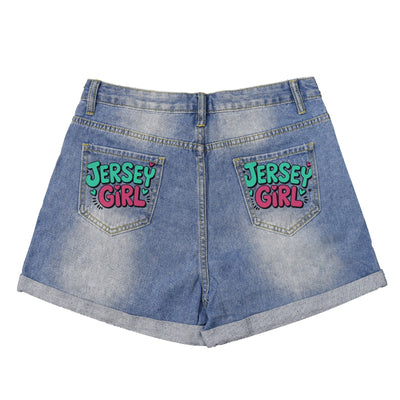 Light Wash Jersey Girl Denim Shorts - Graphic Pocket Print