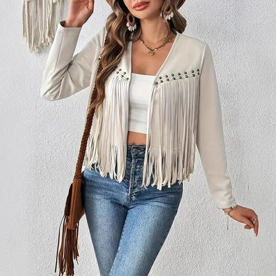 Fashions Envy Suede Fringe Trim Jacket - Open Front Western Style