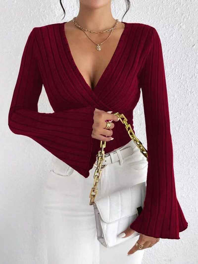 Ribbed V-Neck Top - Flared Sleeve Elegant Fit - Fashions Envy