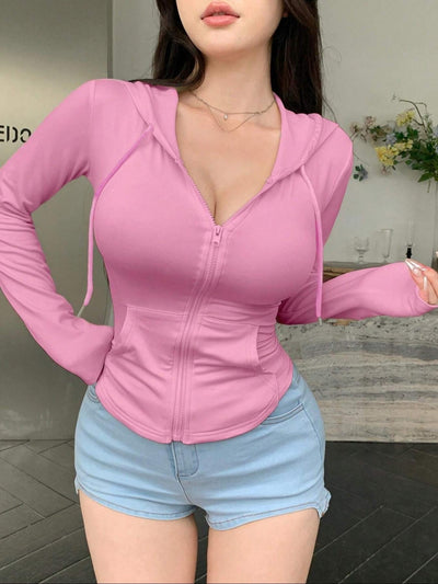 Women's Fitted Zip-Up Hoodie - Front Pockets and Drawstrings