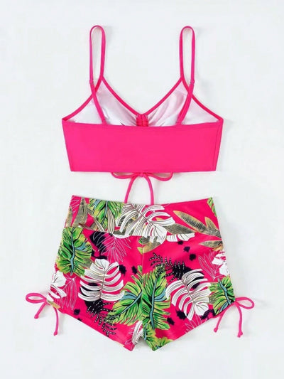 2026 New Hot Pink Front Drawstring Bikini Top & Tropical Leaf Print Side Tie High Waist Shorts Two Piece Swimsuit