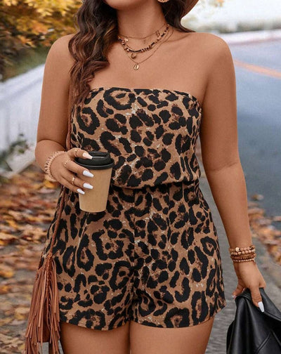 Leopard print strapless romper with layered bodice and relaxed shorts
