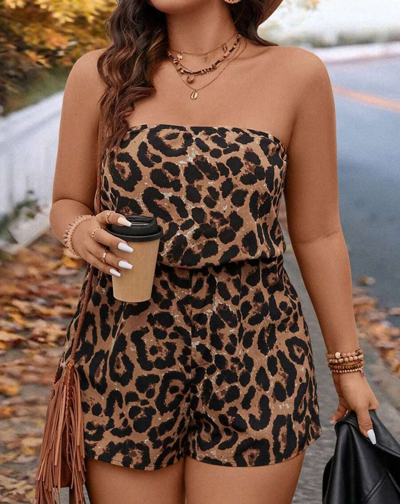 Leopard print strapless romper with layered bodice and relaxed shorts