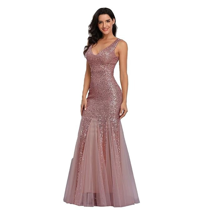 Sequin Mermaid Fishtail Evening Gown - Double V-Neck Tulle Hem