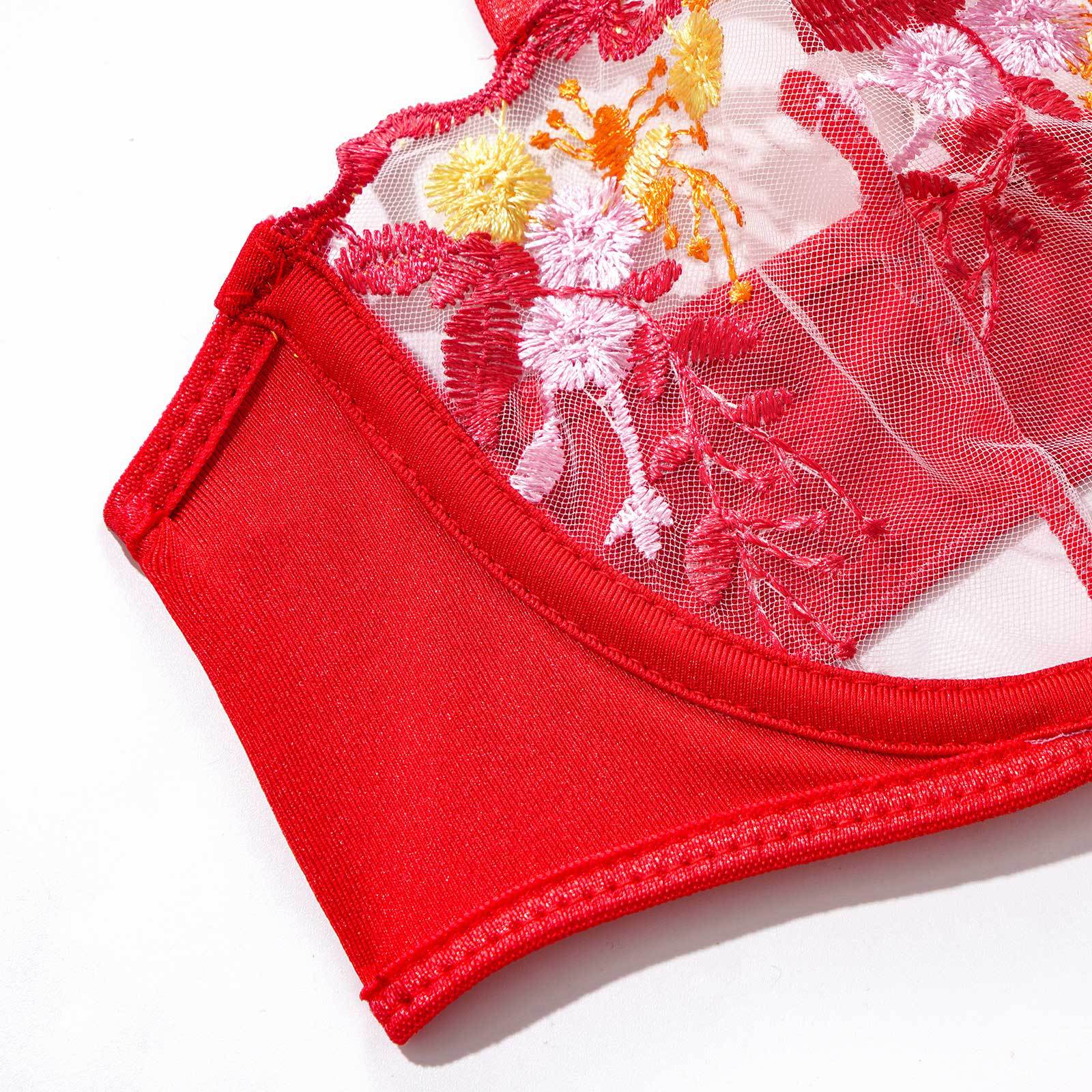 Red Embroidered Lingerie Set - Underwire Bra Garter Belt Thong