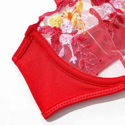 Red Embroidered Lingerie Set - Underwire Bra Garter Belt Thong