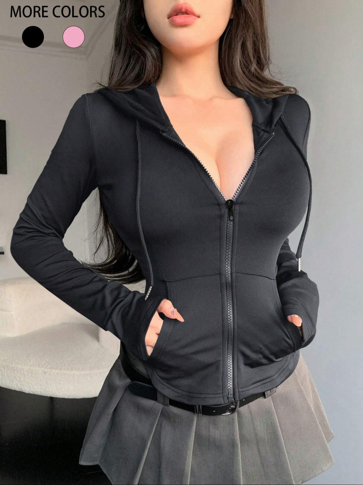 Women's Fitted Zip-Up Hoodie - Front Pockets and Drawstrings