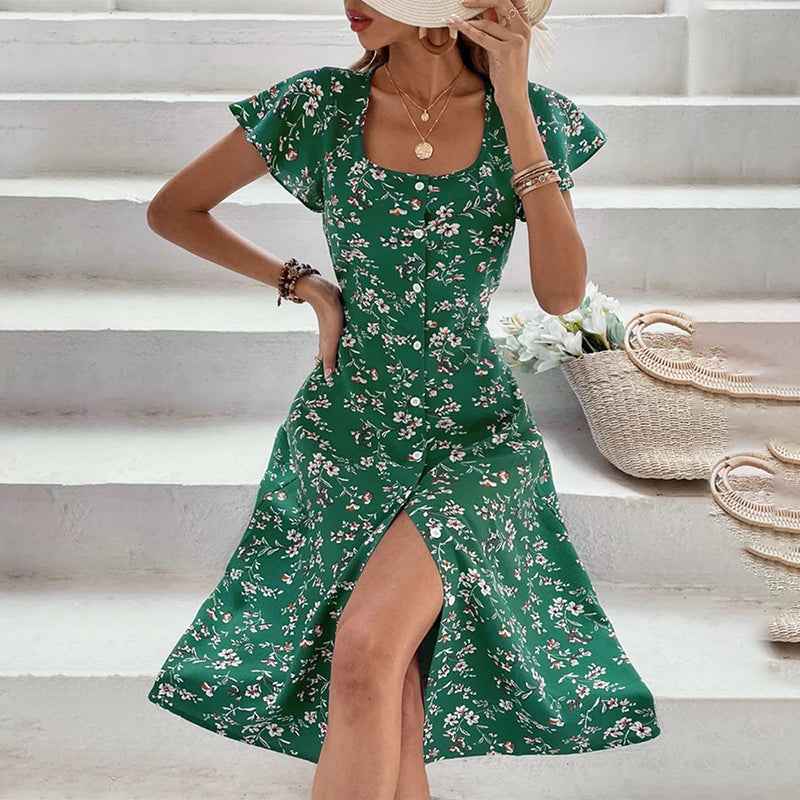Bohemian Floral Print Midi Dress - Flowy Button Up