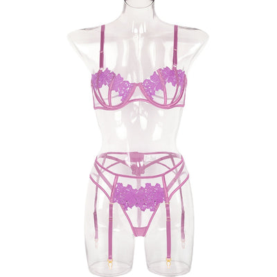 Lace Lingerie Set - Three Piece Hollow Lace Bra Set