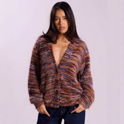 Melange Fleece Long Sleeve Cardigan - Vintage Deep V-Neck