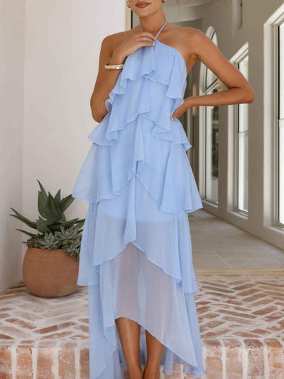 Tiered Ruffle Halter Midi Dress - Layered Flowy Style