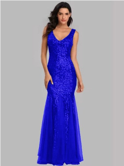 Sequin Mermaid Fishtail Evening Gown - Double V-Neck Tulle Hem
