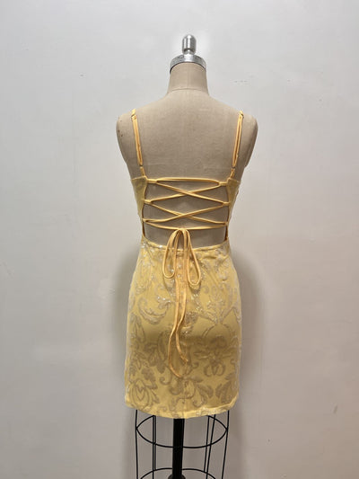 Yellow sequin mini dress with lace-up crisscross open back