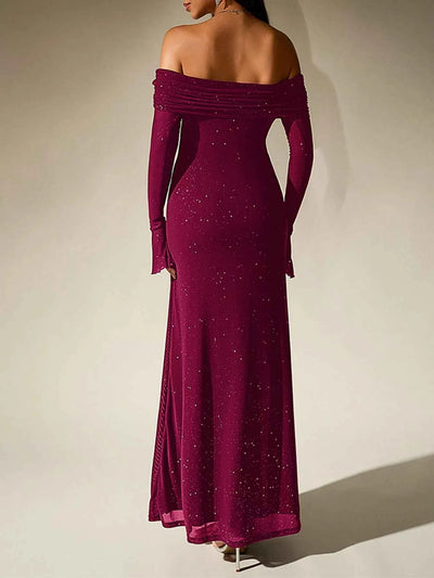 Glitter Off-Shoulder Maxi Dress