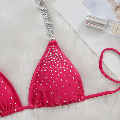 Hot pink triangle bikini top with sparkling rhinestone trim and tie straps