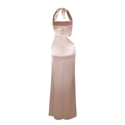 Champagne satin halter maxi dress front view with waist cutout and high slit