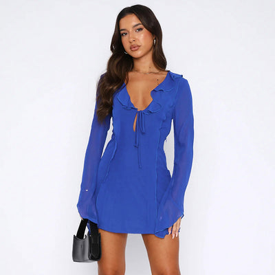 Ruffle Sleeve Mini Dress - Tie Front and Flared Cuffs