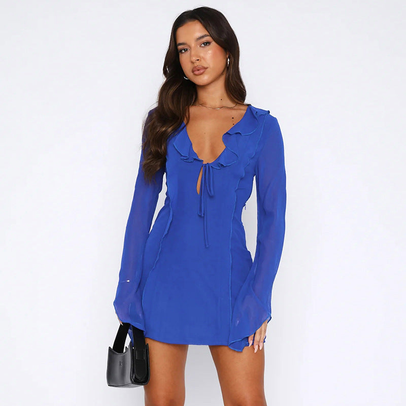 Ruffle Sleeve Mini Dress - Tie Front and Flared Cuffs