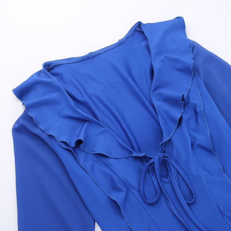 Ruffle Sleeve Mini Dress - Tie Front and Flared Cuffs