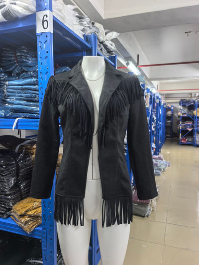Black fringe jacket with notched lapels and shaped seams, fringe cuffs and hem