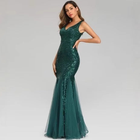 Sequin Mermaid Fishtail Evening Gown - Double V-Neck Tulle Hem