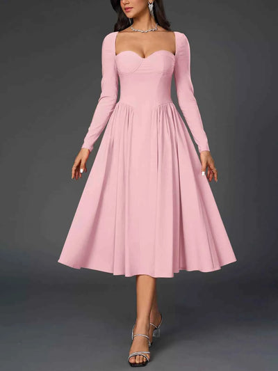 Sweetheart Neckline Long Sleeve A-Line Midi Dress