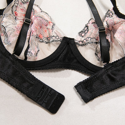 Black Butterfly Embroidery Mesh Bra and Thong Set