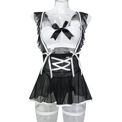 Black and white maid lingerie dress on mannequin with bow bust and layered ruffle shoulders