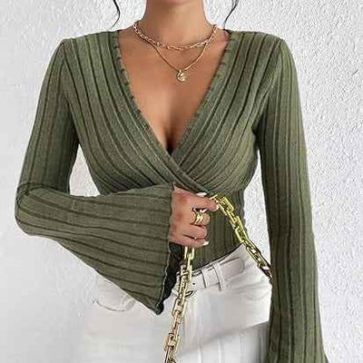Ribbed V-Neck Top - Flared Sleeve Elegant Fit - Fashions Envy