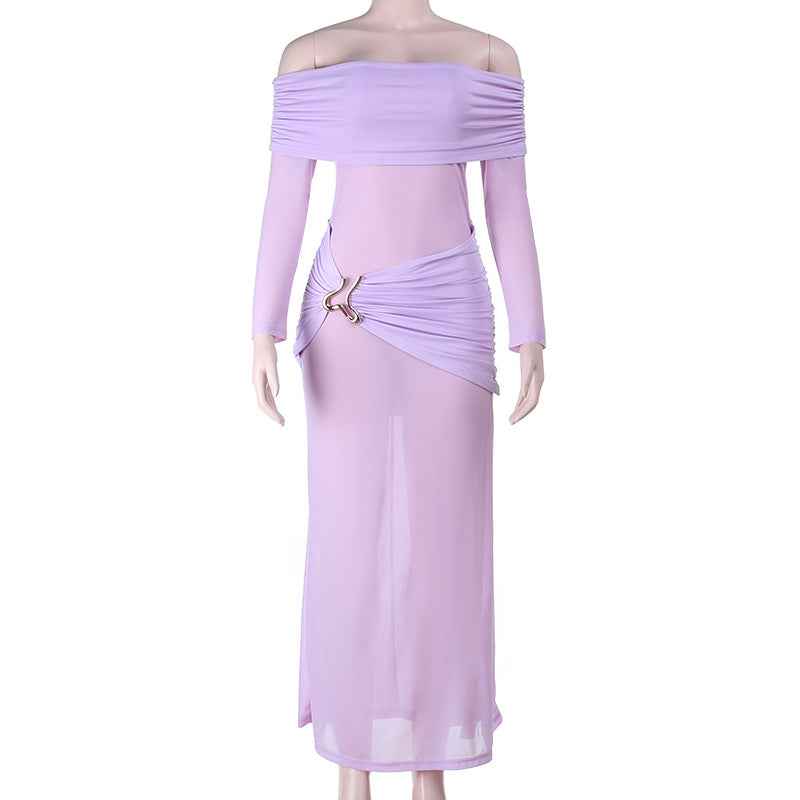 Off Shoulder Mesh Maxi Dress - Long Sleeve Bodycon Gown
