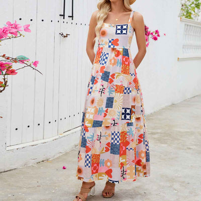 Floral Print Bohemian Maxi Dress - Square Neck Beach Vacation