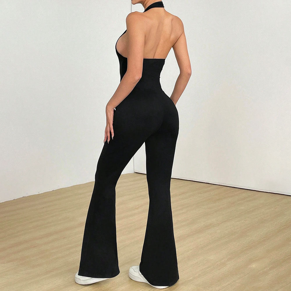 Black Halter Flare Jumpsuit - Deep V Open Back