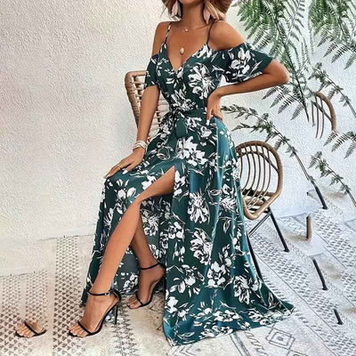 Floral Maxi Summer Dress - Cold Shoulder Split A-Line