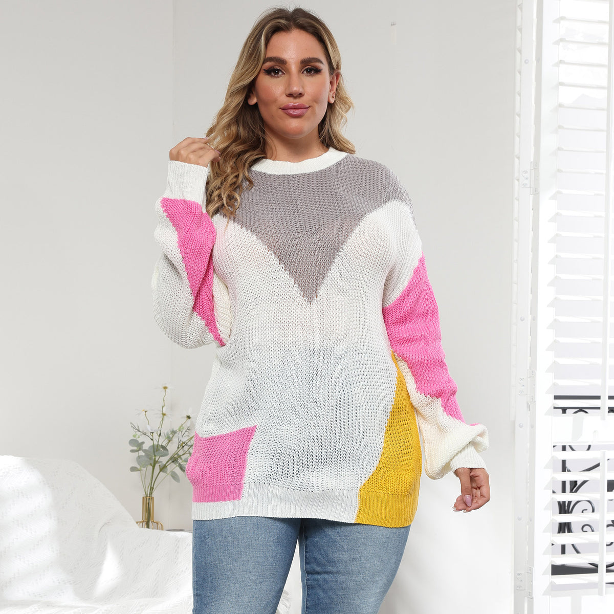 Color-block plus size knit sweater, relaxed crewneck, long sleeves in gray/white/pink/yellow