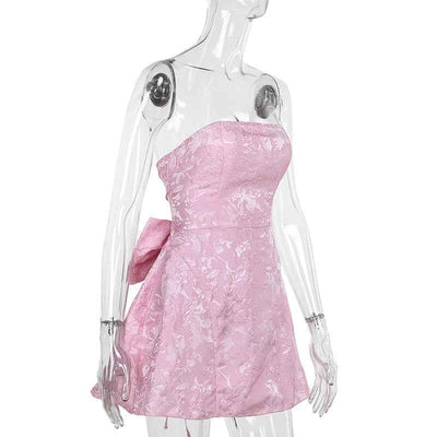 Jacquard Strapless Bow Mini Dress - A-Line Prom Gown