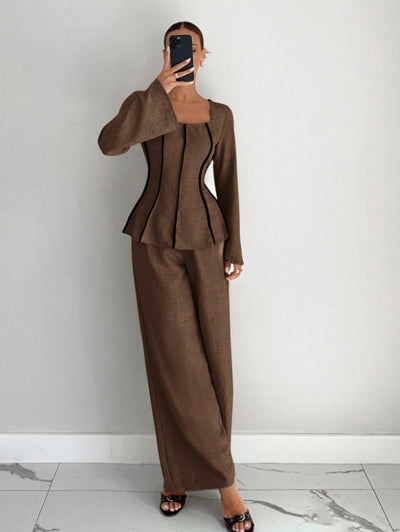 Brown wide-leg pants set with shaped top and flared sleeves, wide full-length pants