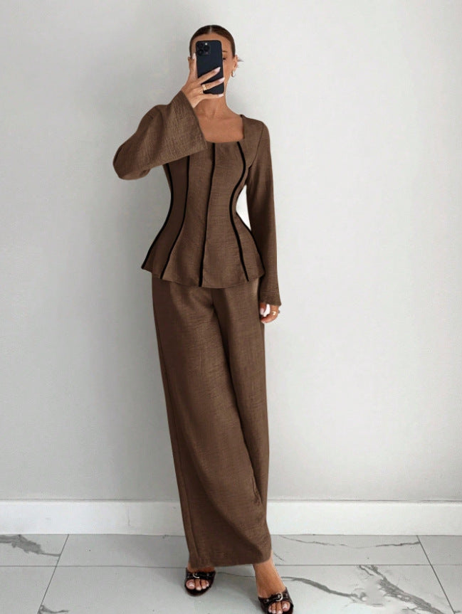Brown wide-leg pants set with shaped top and flared sleeves, wide full-length pants