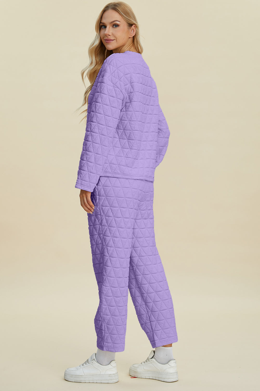 Double Take Full Size Texture Round Neck Long Sleeve Top and Pants Set - Fashions Envy