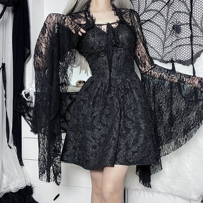 Black Lace Cropped Top - Dramatic Flared Sleeve Shrug