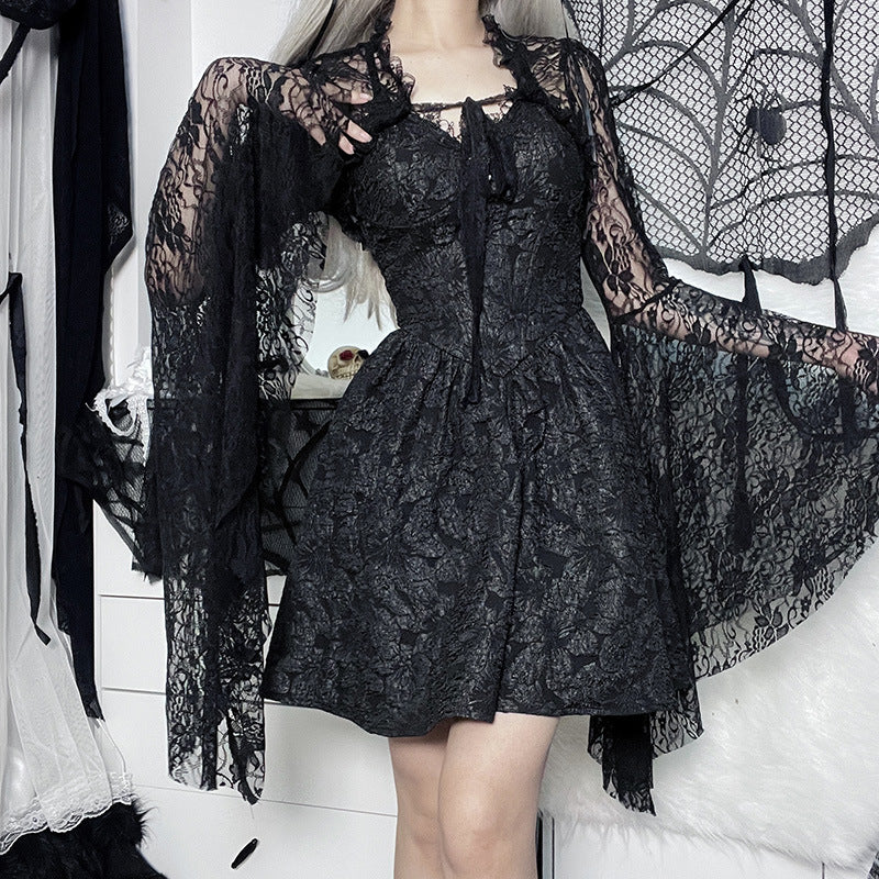Black Lace Cropped Top - Dramatic Flared Sleeve Shrug