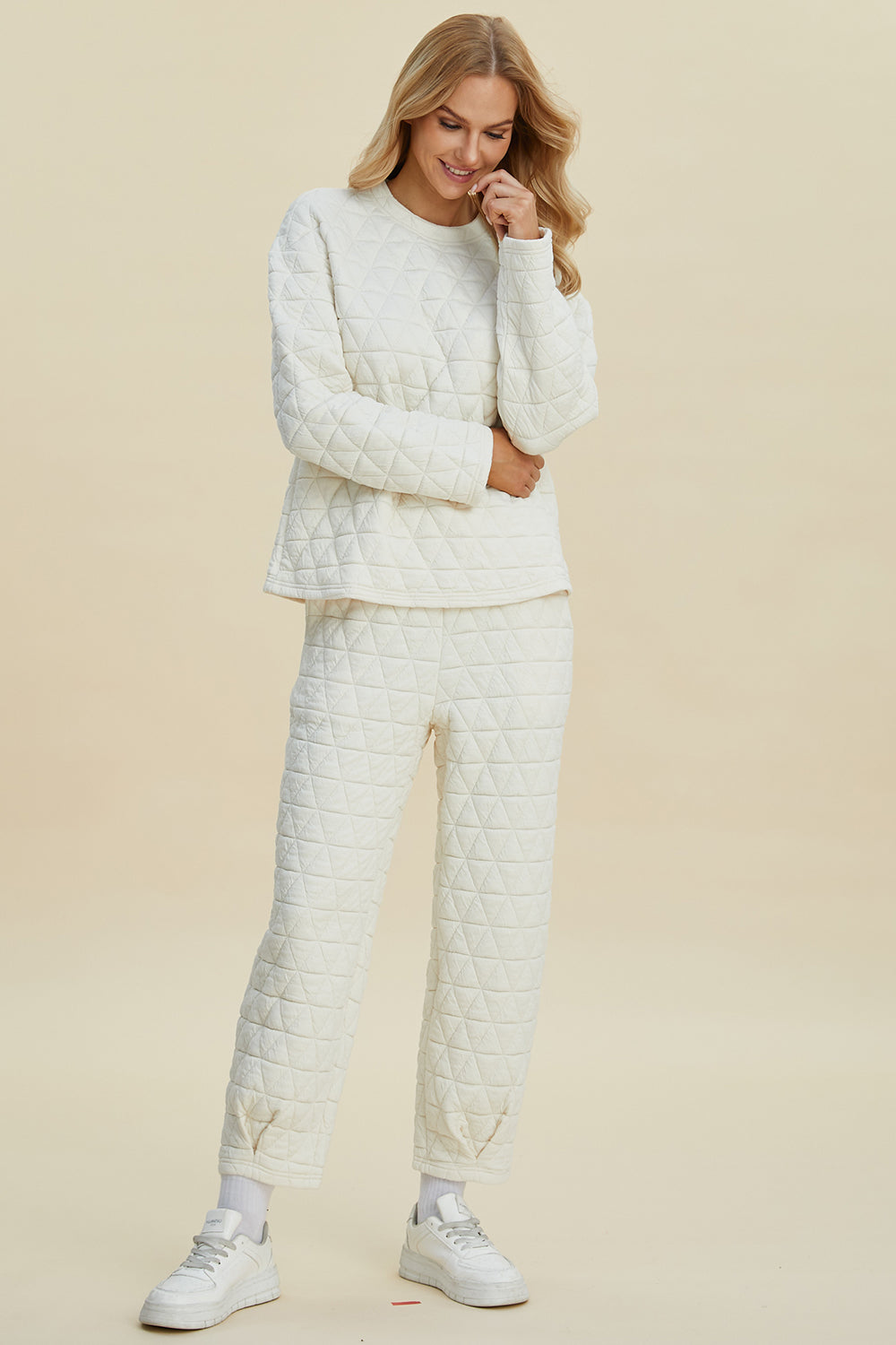 Double Take Full Size Texture Round Neck Long Sleeve Top and Pants Set - Fashions Envy