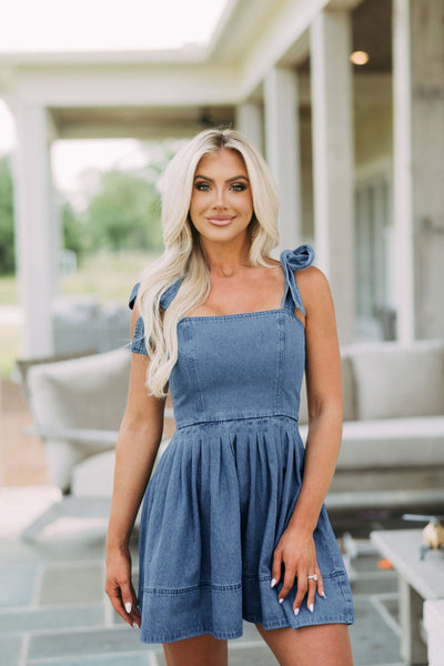 Square Neck Tie Shoulder Denim Mini Dress