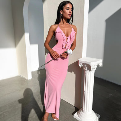 Women's Ruffled V Neck Halter Maxi Dress - Slim Fit Sling - Fashions Envy