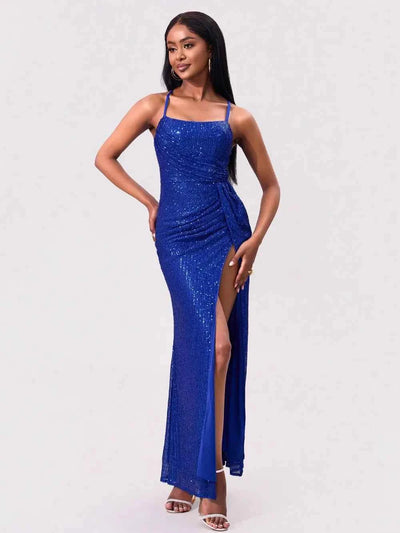 Royal Blue Sequin Maxi Dress - Square Neck Spaghetti Strap
