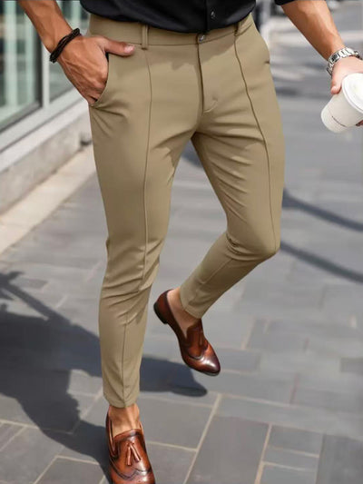 Men's slim-fit dark khaki dress pants with front seams and tapered leg